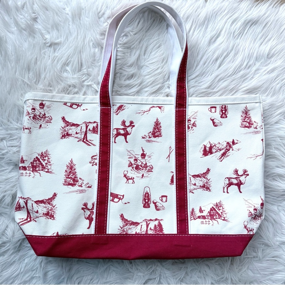 CRAB & CLEEK Canvas Red Holiday Winter Scene Large Beach Pool Boat Tote Bag